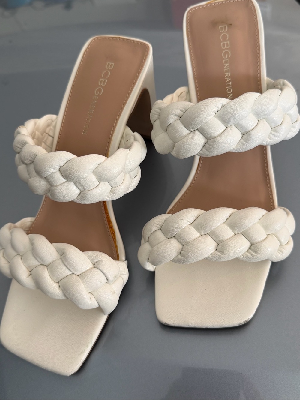 BCBGeneration Cream Braided Double-Strap Block Heel Sandals